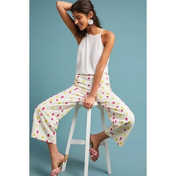NWT!! ANTHROPOLOGIE Cropped Clip Dot Trousers Pink Yellow Crop Summer Size 0 - Picture 1 of 16